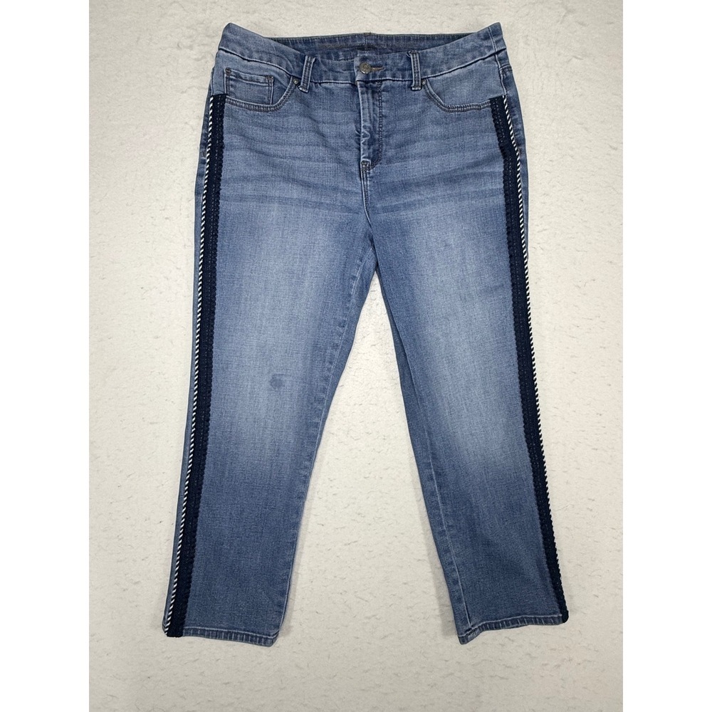 Chicos So Slimming Girlfriend Slim Leg Crop Jeans Blue Lace Side Stripe Sz 1.5